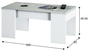 Tavolino Da Salotto Con Piano Elevabile 50x100x45 Cm Cemento E Bianco