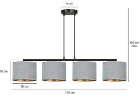 Lampadario 4 Luci Ganesha In Acciaio Nero E Paralumi In Tessuto Grigio