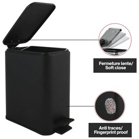 Cestino per la spazzatura nero opaco in acciaio con pedale 5 l Erik – Spirella