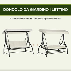 Dondolo Letto da Giardino 3 Posti con Tettuccio Regolabile 195x117x175 cm in Acciaio e Poliestere Crema e Nero...