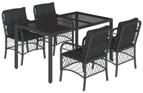 Set da pranzo da giardino 5 pz nero con cuscini in polyrattan