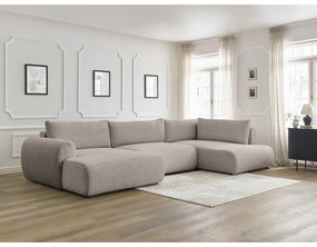 Divano angolare in grigio chiaro/beige allungabile (con penisola a sinistra/a forma di "U") con rivestimento in velluto a coste Lucien – Bobochic Paris
