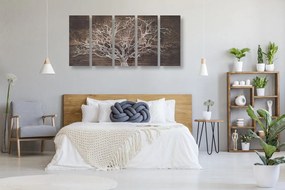 Quadri 5 pezzi – Corona dell'albero su sfondo di legno