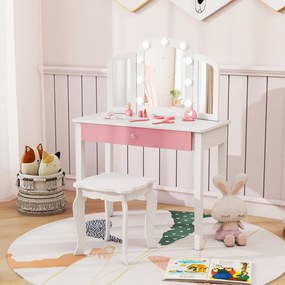 Costway Set tavolo trucco bambini 2 in 1 principessa specchio 3 pieghe luci led, Set sgabello legno bambine 3+ anni gioco creativo regalo 2 Colori