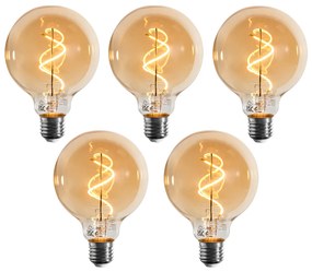 Set van 5 E27 dimbare LED lampen spiraal filament G95 goud 4W 270 lm 2100K