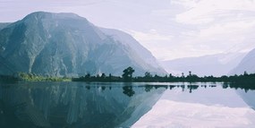 Quadro su tela – Montagne dipinte presso il lago