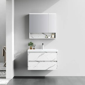 Mobile bagno sospeso 80 cm finitura marmo e specchio contenitore | KAM-VV80 - KAMALU