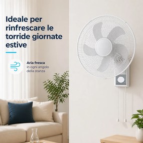 Ventilatore da Muro Ø43 cm 65W Raffrescatore Silenzioso 3 Velocità a Parete Bianco...