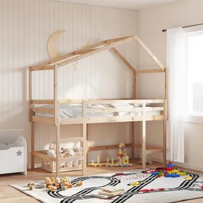 Letto Soppalco Con Scala E Tetto 90x200 Cm Legno Massello Pino /
