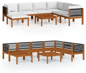 Set divani da giardino 8 pz con cuscini crema massello acacia
