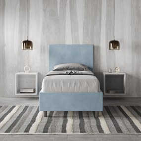 Letto singolo imbottito 80x200 microfibra Adele senza rete, con rete e contenitore, Azzurro / Contenitore