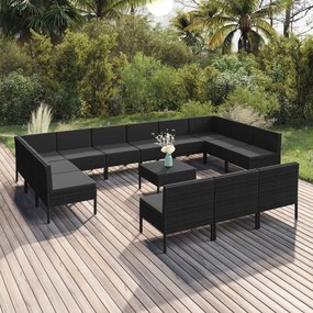 Set divani da giardino 14 pz con cuscini in polyrattan nero