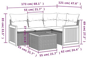 Set divano da giardino 5 pz con cuscini grigio in polyrattan