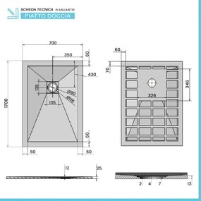Piatto doccia in resina 70x170 Karen bianco pietra completo di griglia