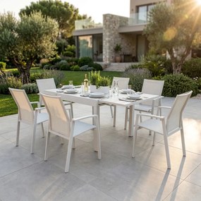 JERRI - set tavolo in alluminio cm 90/180 x 90 x 75 h con 6 poltrone Lotus