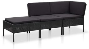 Set Divani da Giardino 3 pz con Cuscini in Polyrattan Nero