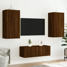 Mobili tv a muro con led 4pz rovere marrone legno multistrato