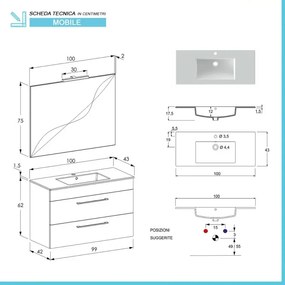 Mobile bagno sospeso 100 cm Smart bianco legno/lava con specchio