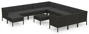 Set divani da giardino 13 pz con cuscini in polyrattan nero