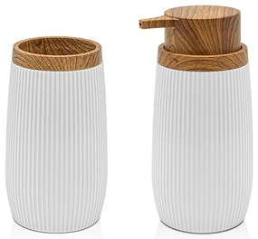 Set 2 pezzi Dispenser sapone e Porta spazzolino Bianco dettagli effetto legno Blob