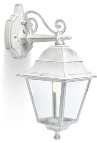 Applique Media In Basso Esterno Old Alluminio E Vetro Bianco E Arg. 1 Luce E27