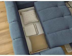Divano angolare blu allungabile e con contenitore (penisola a destra/a L) con rivestimento in ciniglia Fuji – Bobochic Paris