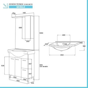 Mobile bagno a terra 85 cm bianco con pensile su specchio LED Desya