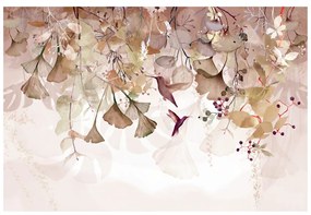Carta da parati – Foglie con Colibrì in Marrone-Rosa