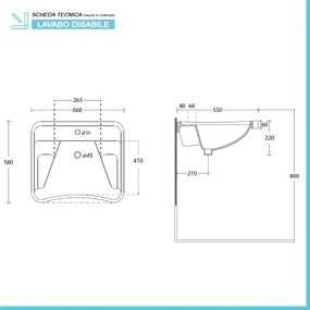 Lavabo sospeso per disabili 66 cm ergonomico con poggia gomiti