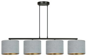 Lampadario 4 Luci Ganesha In Acciaio Nero E Paralumi In Tessuto Grigio