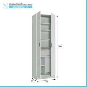 Mobile scarpiera H 180 cm in legno bianco con ante e ripiani regolabili