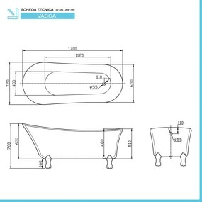 Vasca da bagno freestanding classica 170x72 Piedini cromo a zampa di leone regolabili Samantha