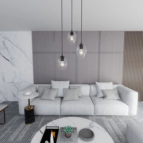 Lampadario 3 Luci Fuxi Base Tonda In Acciaio Nero E Vetri Trasparente