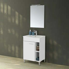 Mobile bagno a terra 60 cm bianco lucido con 1 anta lavabo e specchio Martha