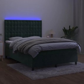 Letto a molle con materasso e led verde scuro 140x190cm velluto