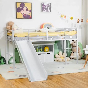 Costway Letto singolo a soppalco per bambini con scala e scivolo, Mini struttura del letto con 4 barriere Bianco