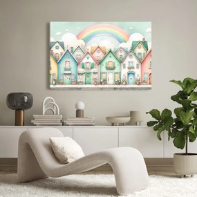 Quadro su tela – Casette pastello con arcobaleno