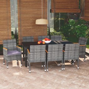 Set pranzo da giardino 9 pz con cuscini in polyrattan grigio