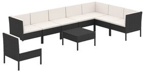 Set divani da giardino 9 pz con cuscini in polyrattan nero