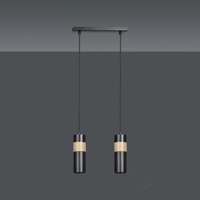 Lampadario 2 Luci Akari In Acciaio Nero A Cilindro Con Legno Naturale