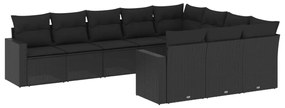 Set divani da giardino 10pz con cuscini in polyrattan nero