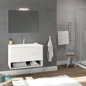 Mobile Bagno Sospeso "Oslo" Da 80 Cm Con Un Cassetto Ed Un Vano a Giorno Lavabo Specchio E Lampada Led Finitura Rovere Bianco