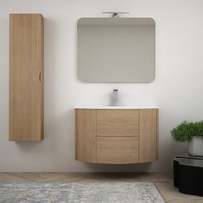 Mobile bagno sospeso Rovere tabacco 90 cm tondo con specchio filo lucido e colonna da 140 cm