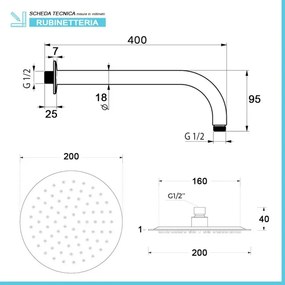 Set doccia con braccio 40 cm e soffione 30 cm in inox nero opaco