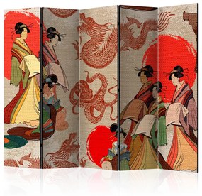 Paravento design Geishe II (5-parti) - composizione orientale con sagome femminili