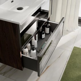 Mobile bagno con lavabo STAR L80 x H60 x P46 cm walnut in vetro 2 cassetti per vasca centrale, il cassetto é dotato di illuminazione LED