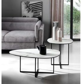 Tavolino in metallo con piano in vetro effetto Marmo Bianco GINNI 50