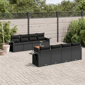 Set divani da giardino 9 pz con cuscini nero in polyrattan