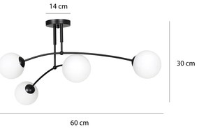 Plafoniera Moderna 4 Luci Susanoo In Acciaio Nero E Vetri A Sfera In Bianco