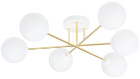 Plafoniera Moderna Magnium 6 Luci In Acciao Oro E Sfere In Vetro Bianco